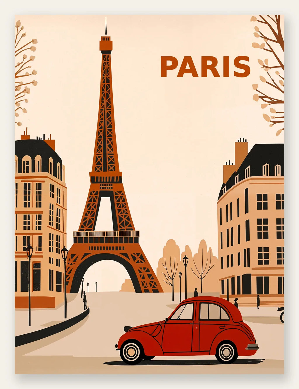 Affiche Paris vintage, Tour Eiffel et 2CV Citroen rouge devant des immeubles haussmanniens