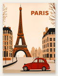 Affiche Paris vintage, Tour Eiffel et 2CV Citroen rouge devant des immeubles haussmanniens