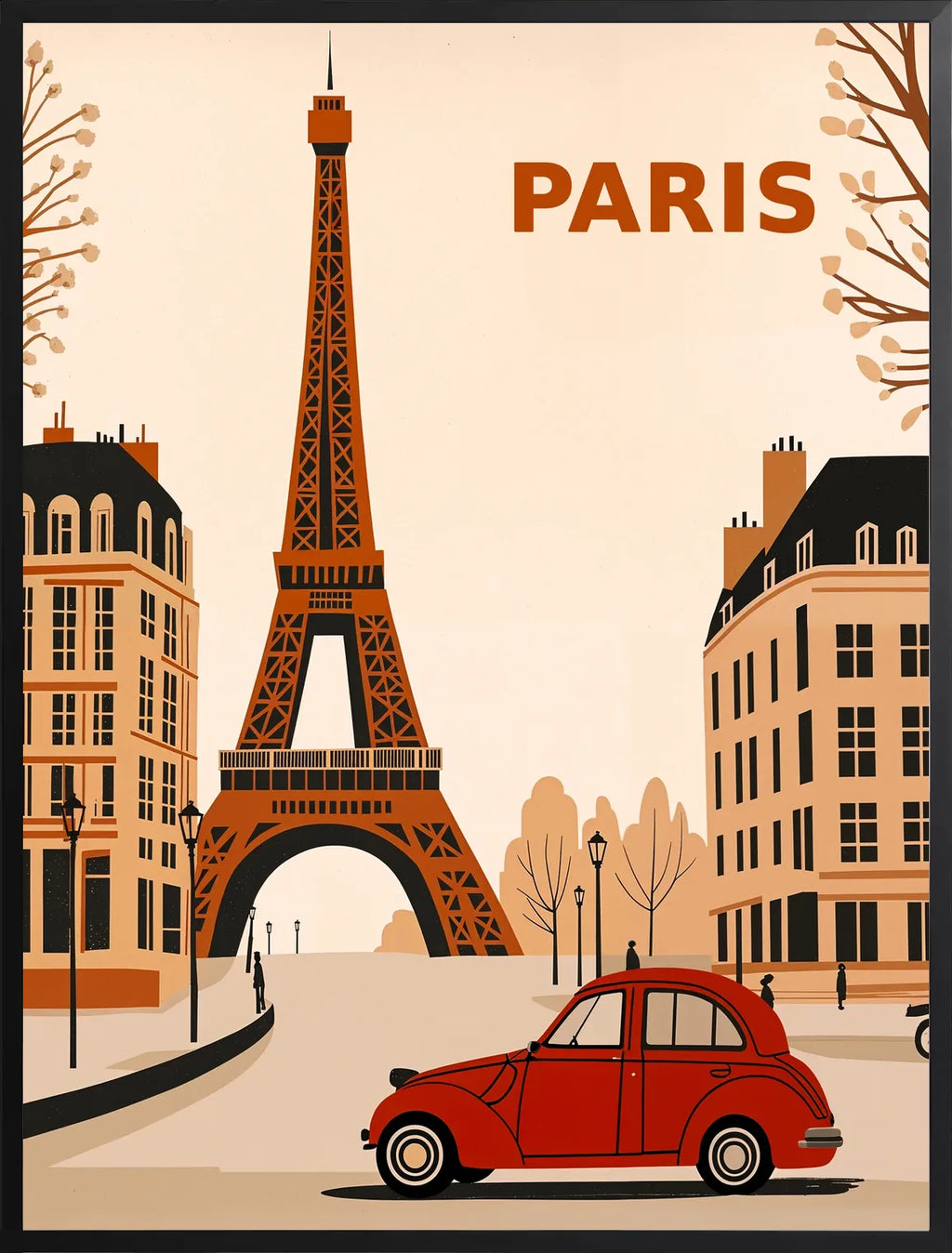 Encadrement noir mat autour de la Tour Eiffel et de la 2CV rouge