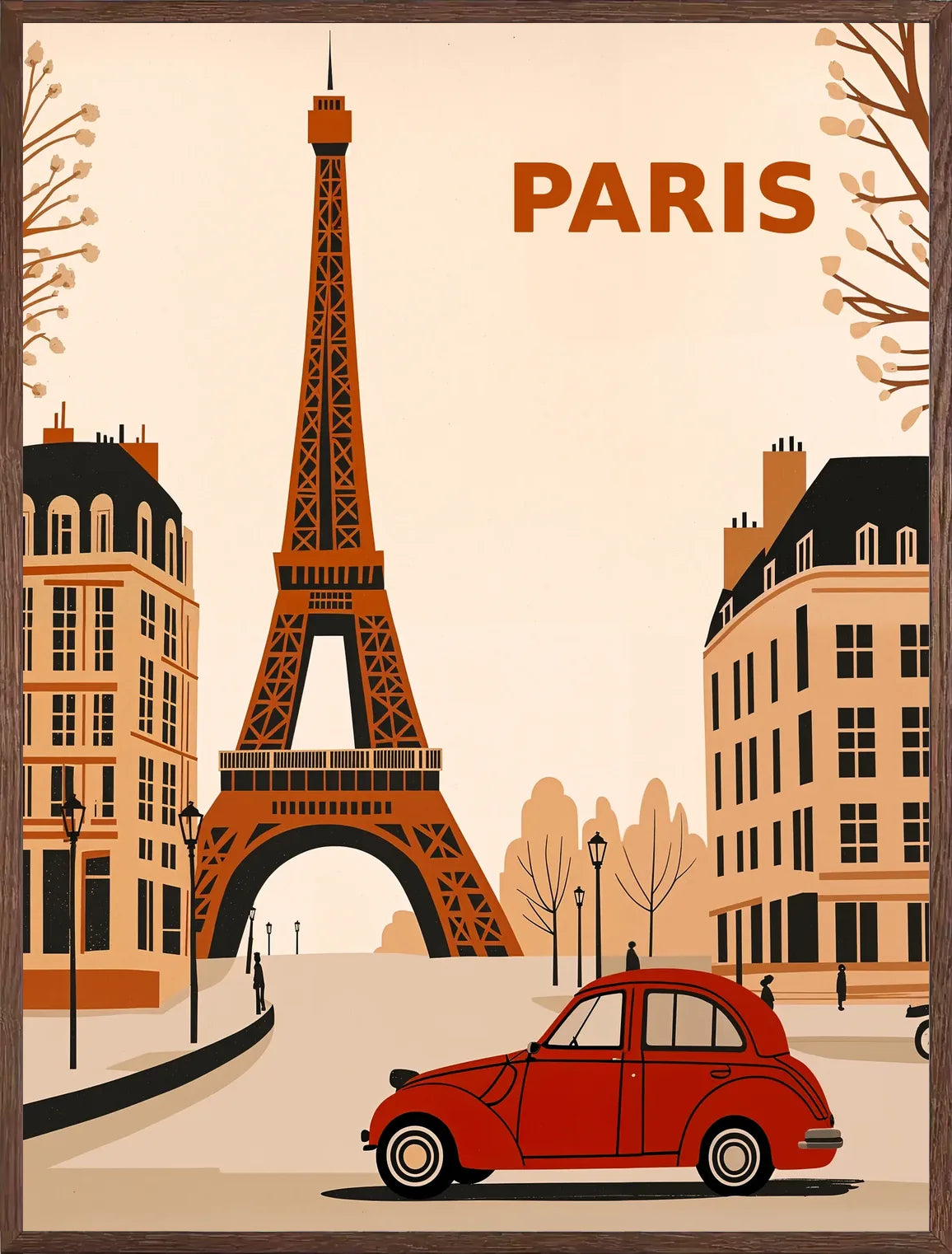 Cadre chene clair entourant l'affiche Paris Tour Eiffel et 2CV