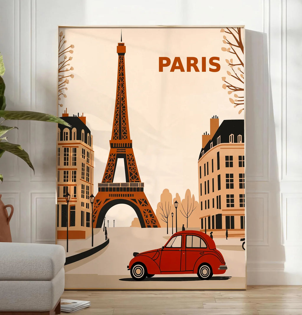 Reproduction affiche Paris vintage, posee au sol dans un salon minimaliste clair, a cote d'un canape beige et d'une plante verte, sur un parquet clair