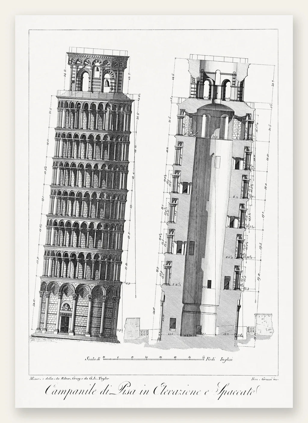Planche gravée Campanile de Pise montrant élévation et coupe, palette noir d'ivoire, blanc cassé et ocre jaune