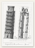 Planche gravée Campanile de Pise montrant élévation et coupe, palette noir d'ivoire, blanc cassé et ocre jaune