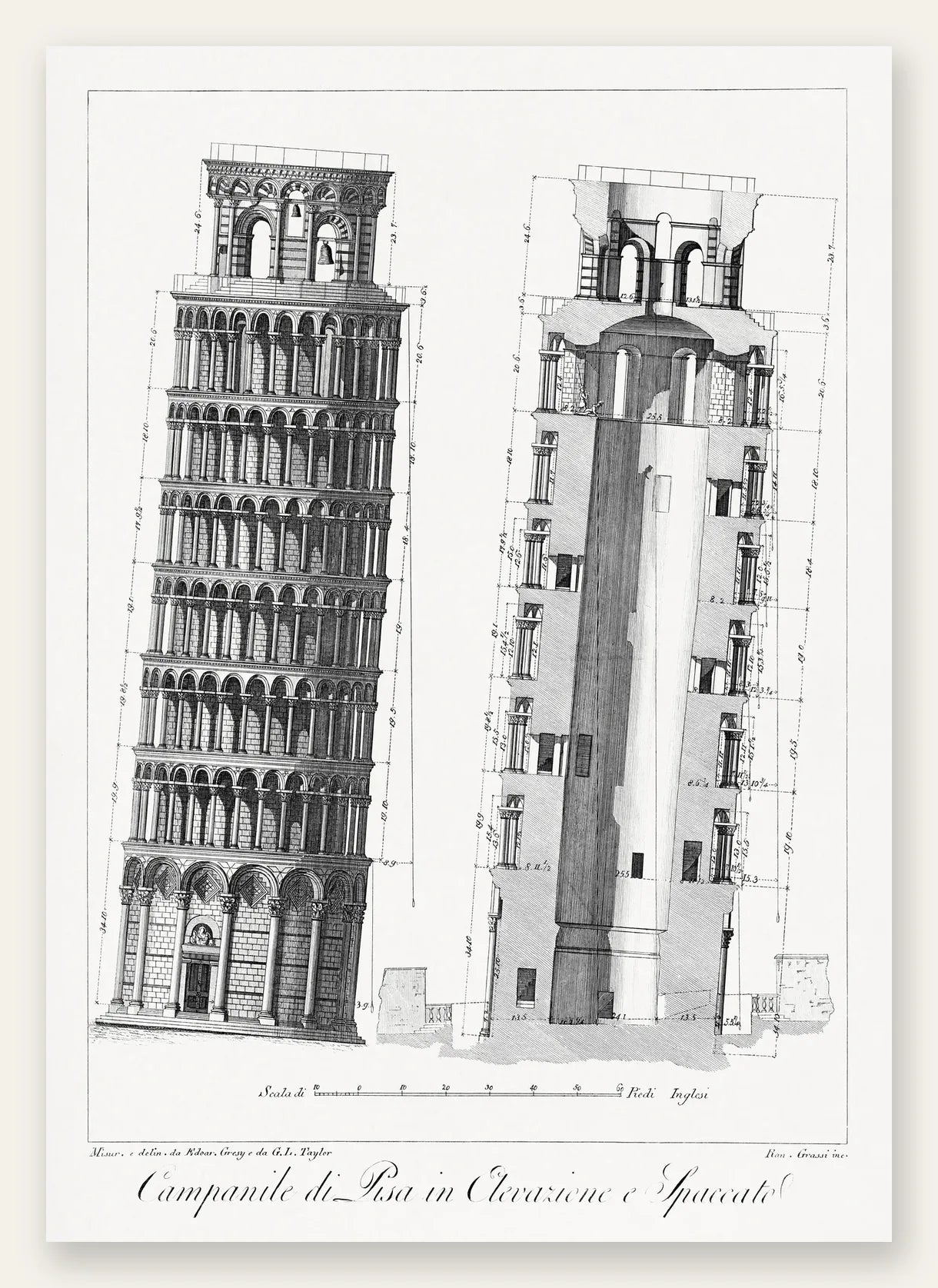 Planche gravée Campanile de Pise montrant élévation et coupe, palette noir d'ivoire, blanc cassé et ocre jaune