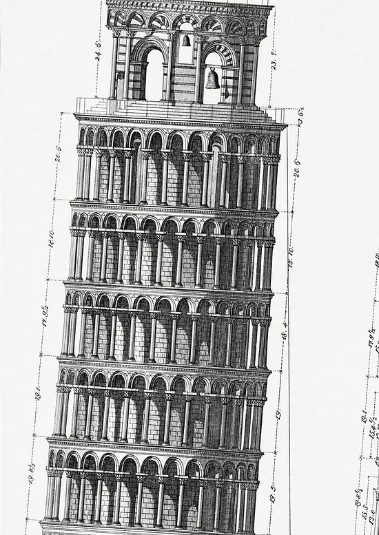 Gros plan sur la planche du Campanile de Pise, traits de gravure fins, echelle et cotes numérotées, grain du papier 275 g/m² visible