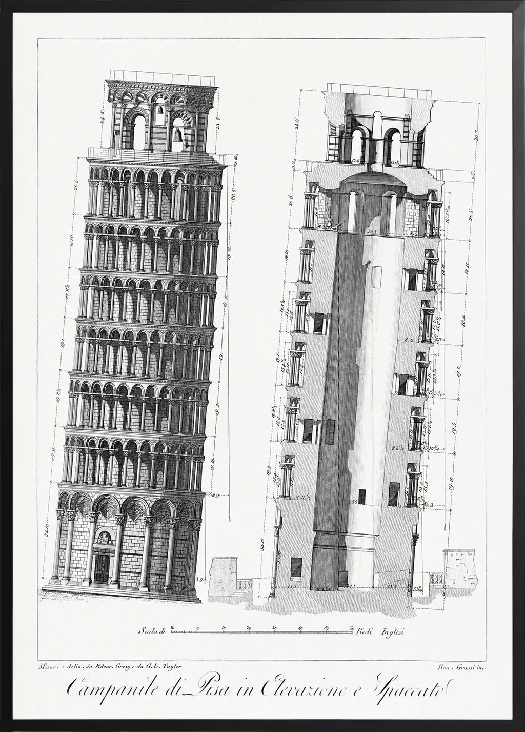 Encadrée noir Planche du Campanile de Pise en coupe, lettrage technique serif et grand titre calligraphique au bas