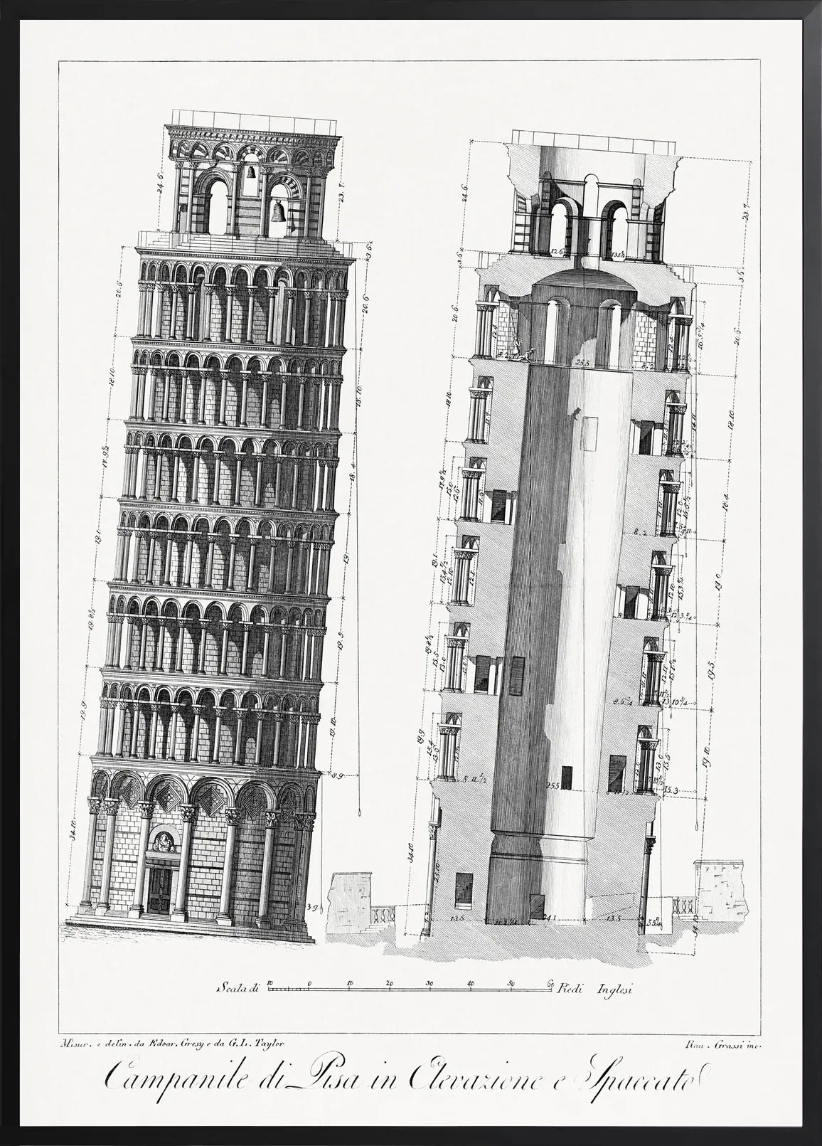 Encadrée noir Planche du Campanile de Pise en coupe, lettrage technique serif et grand titre calligraphique au bas