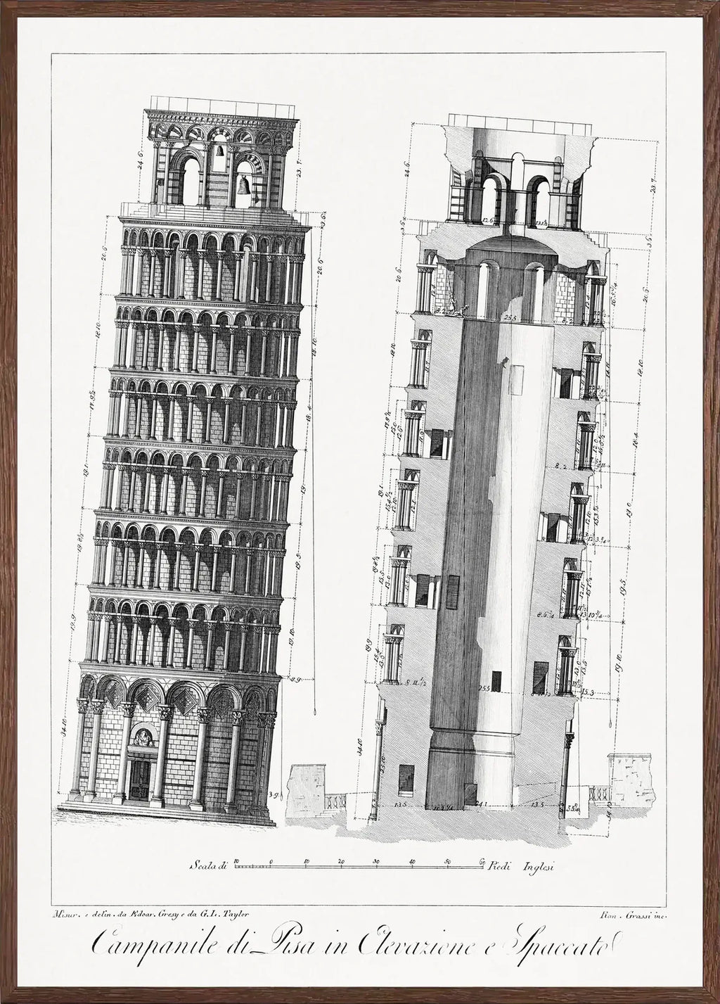 Encadrée chêne Campanile de Pise, planche gravée d'élévation et coupe avec échelle et cotes visibles, finition mate