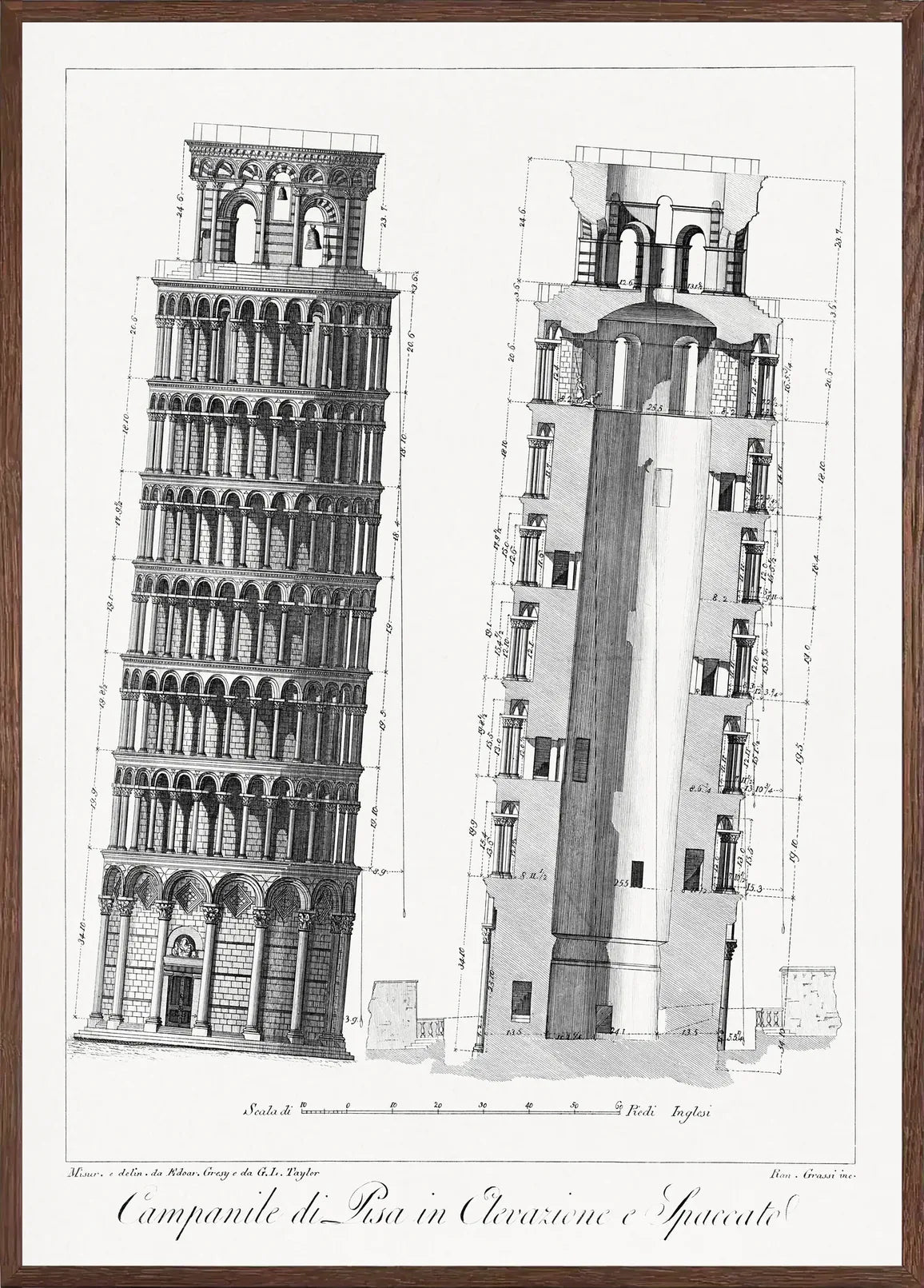 Encadrée chêne Campanile de Pise, planche gravée d'élévation et coupe avec échelle et cotes visibles, finition mate