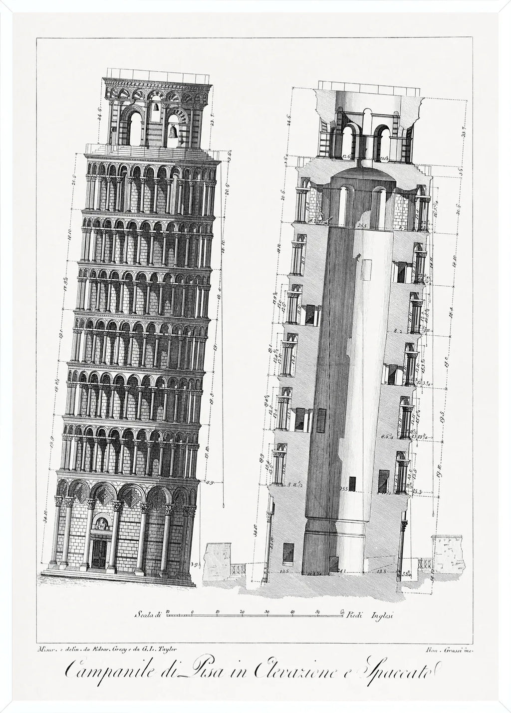 Cadre blanc Planche gravée du Campanile de Pise, détails d'échelle et dimensions numérotées bien lisibles