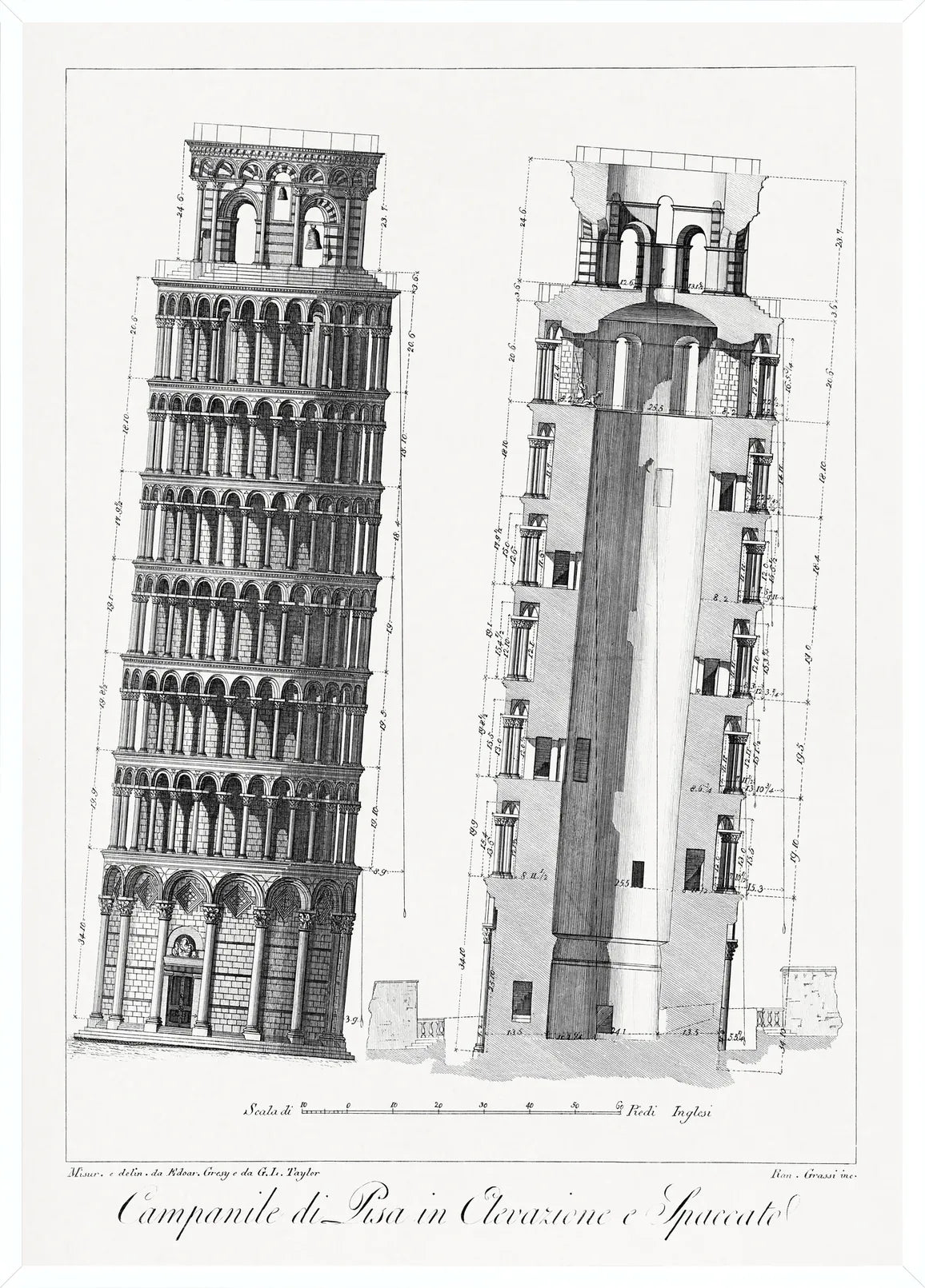 Cadre blanc Planche gravée du Campanile de Pise, détails d'échelle et dimensions numérotées bien lisibles