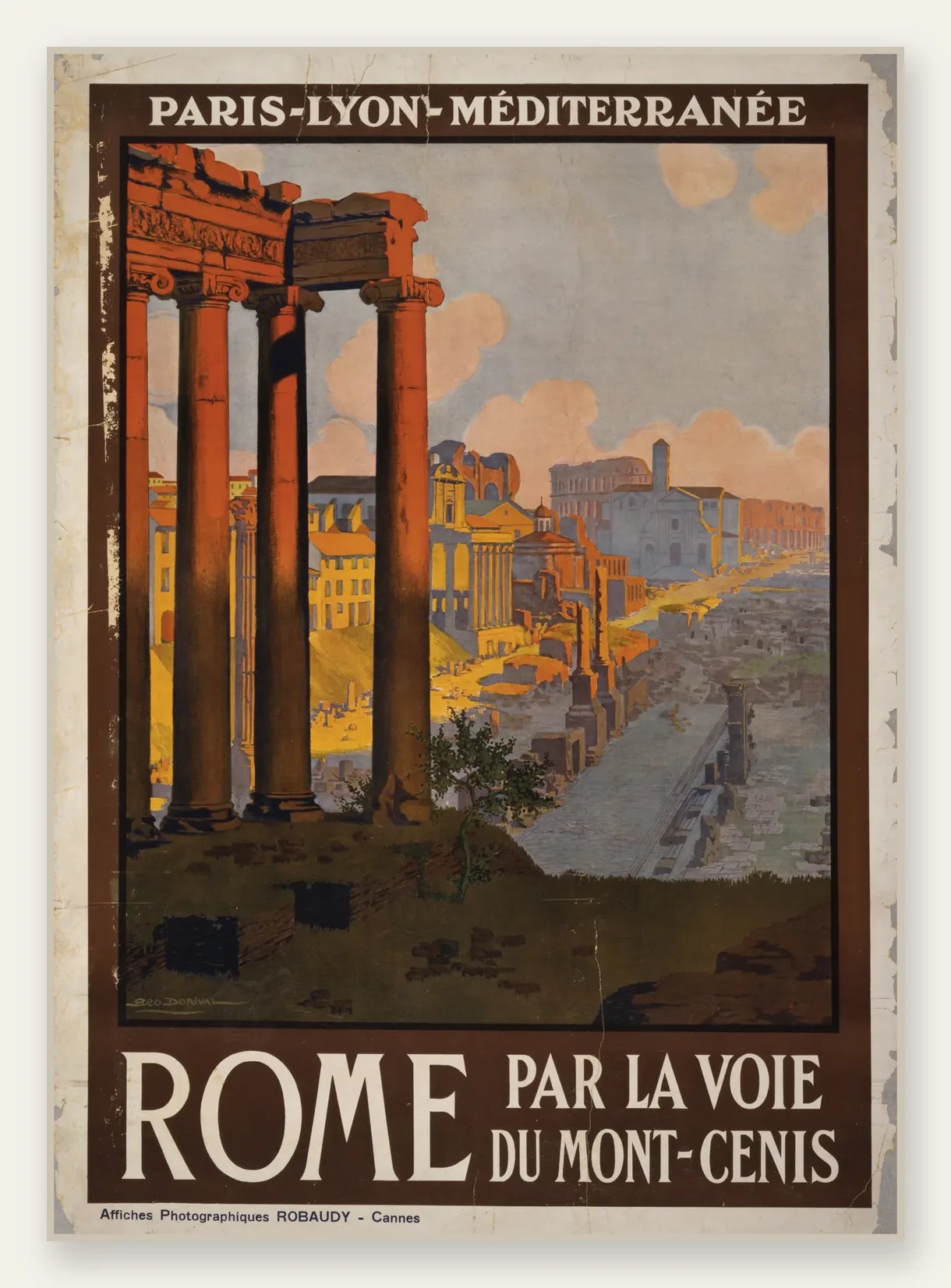 Affiche Rome vintage, colonnes du Forum Romain a l'heure doree, palette ocre