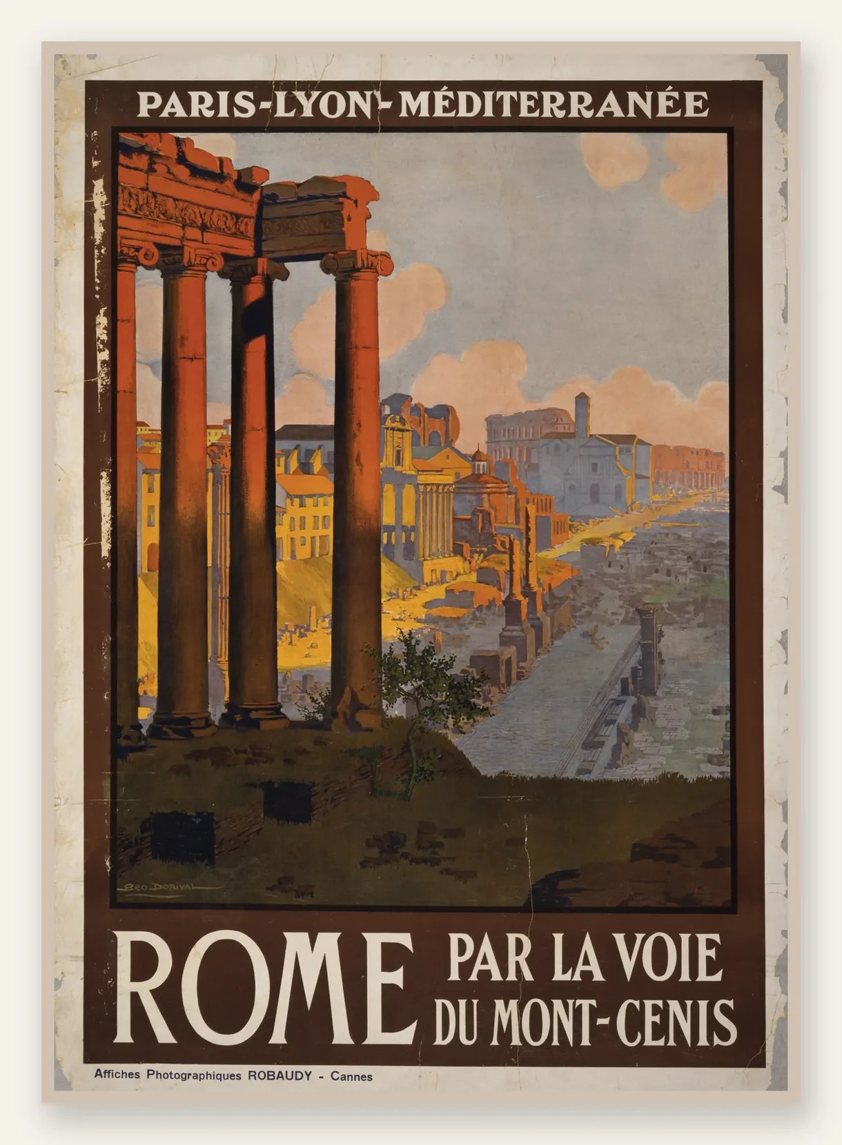 Affiche Rome vintage PLM, colonnes du Forum et Colisee a l'horizon en ocre