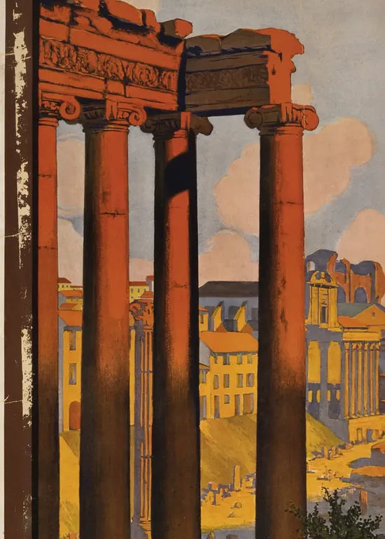 Gros plan sur les colonnes du Forum Romain et le Colisee de Rome