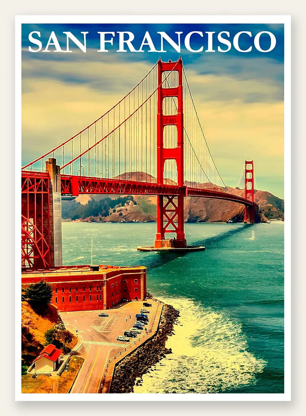Affiche San Francisco vintage, pont du Golden Gate sur la baie turquoise