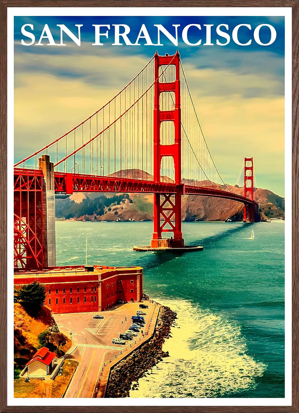 Cadre chene clair entourant l'affiche San Francisco Golden Gate