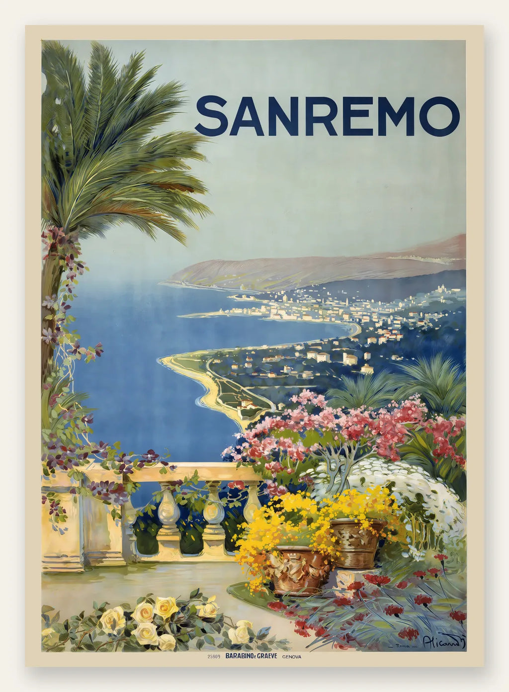 Affiche Sanremo vintage, terrasse fleurie sur la riviera italienne et la mer bleue