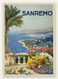 Affiche Sanremo vintage, terrasse fleurie sur la riviera italienne et la mer bleue
