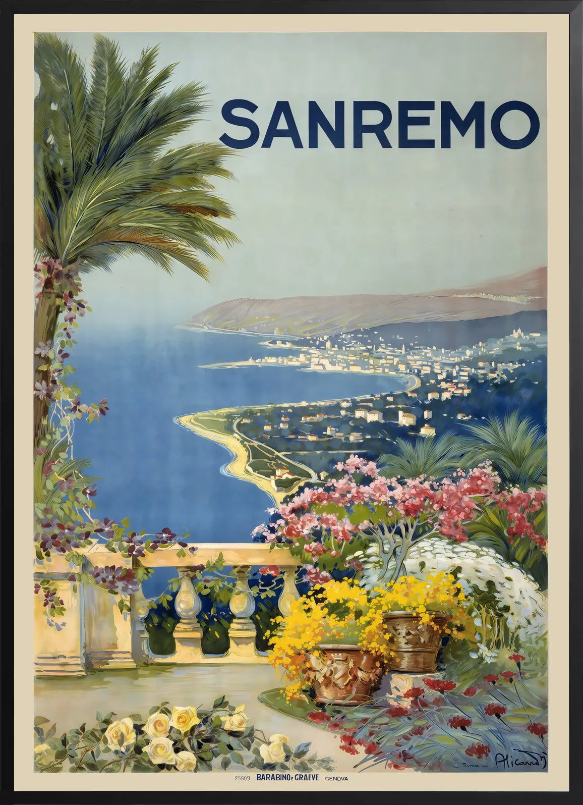 Encadrement noir mat autour de la terrasse fleurie de Sanremo