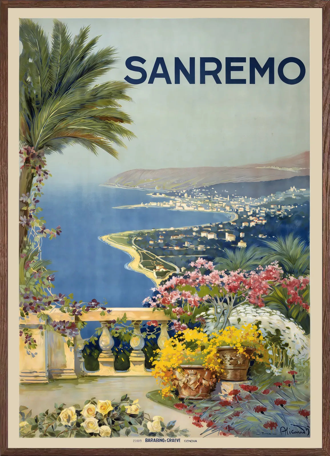 Cadre chene clair entourant l'affiche Sanremo riviera vintage