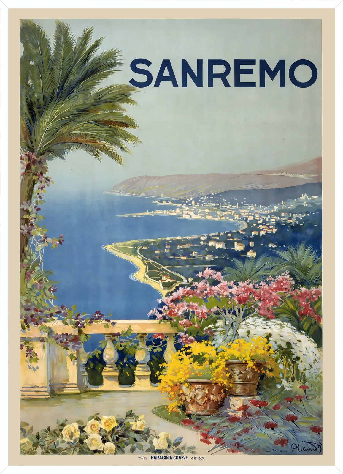 Cadre blanc epure presentant l'affiche Sanremo voyage vintage