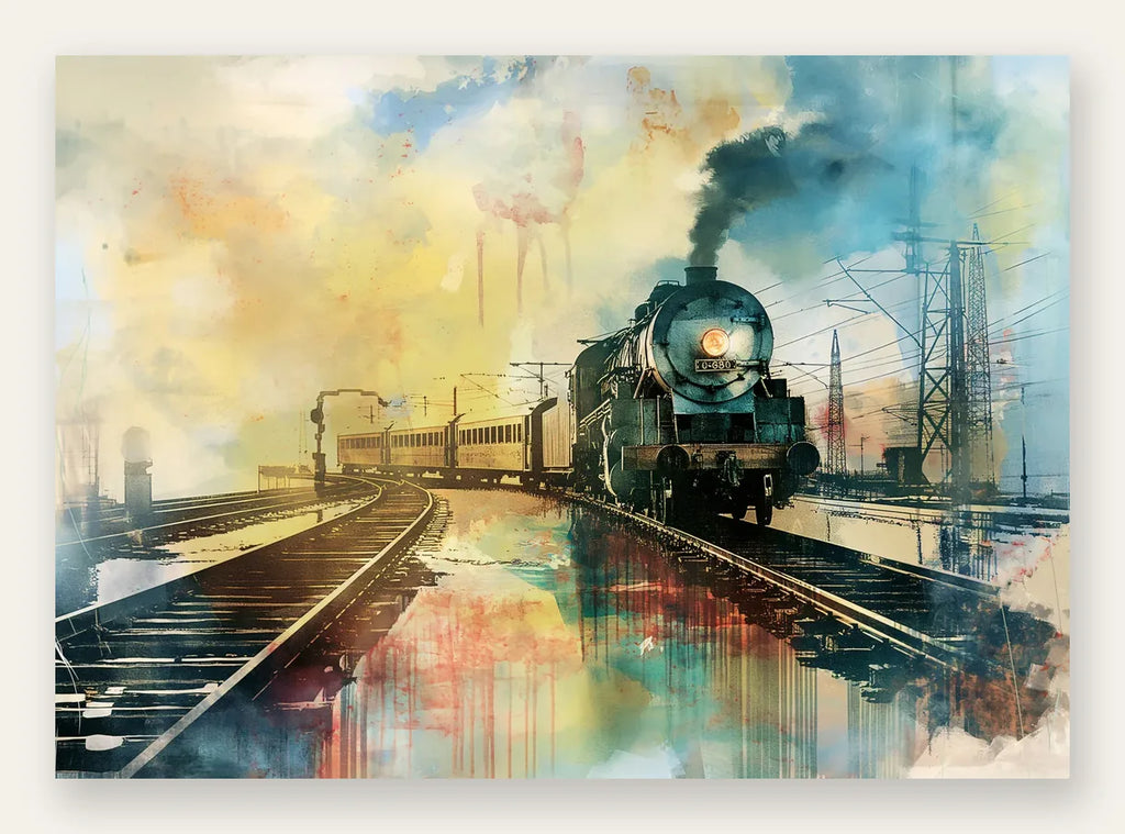 Affiche train vapeur vintage, locomotive sur un pont a l'aube en aquarelle