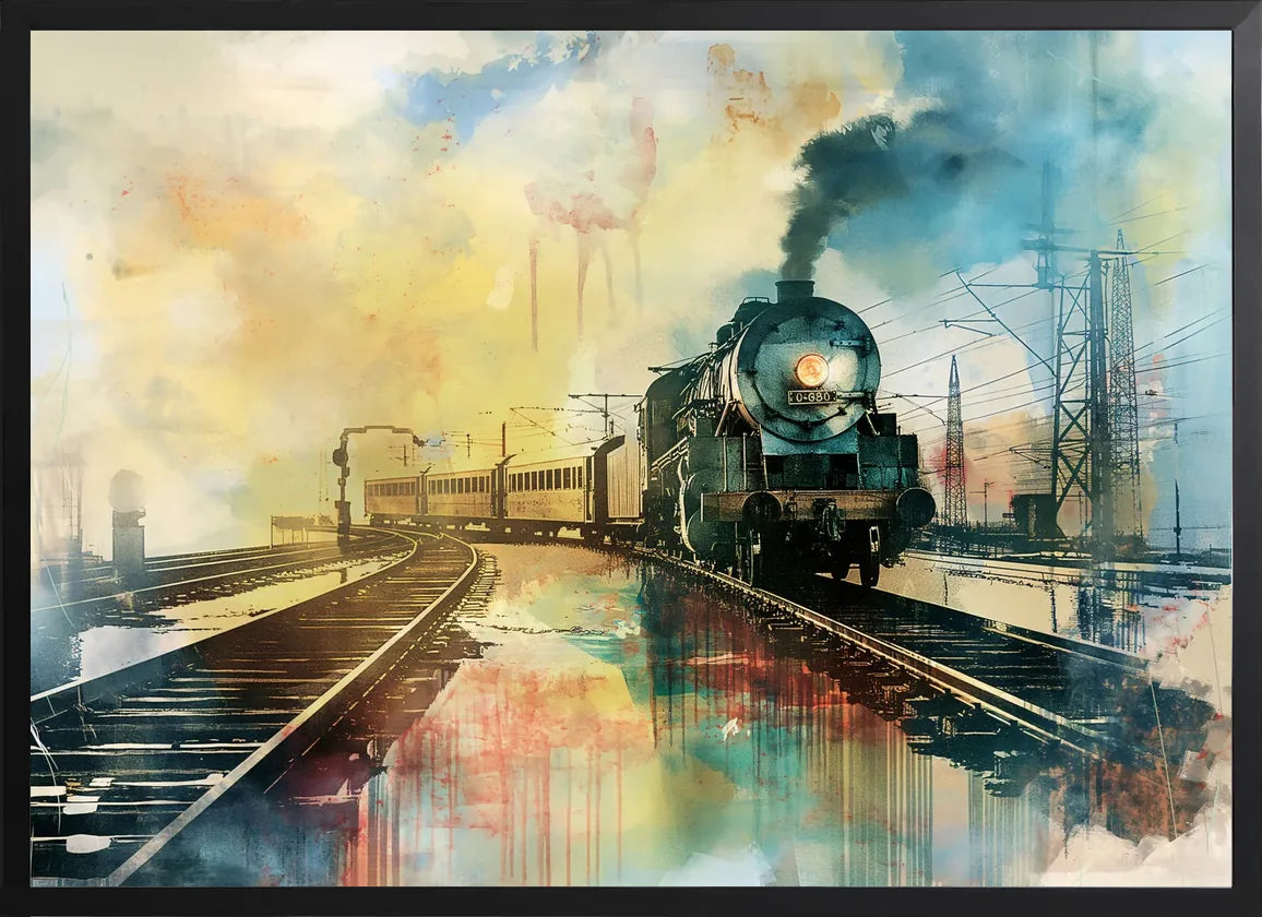 Encadrement noir mat autour de la locomotive a vapeur et des rails