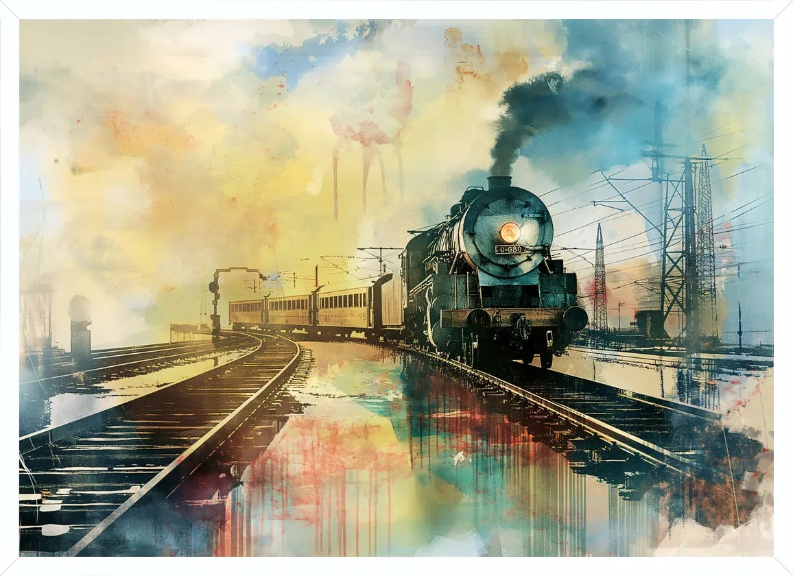 Cadre blanc epure presentant l'affiche train vapeur vintage