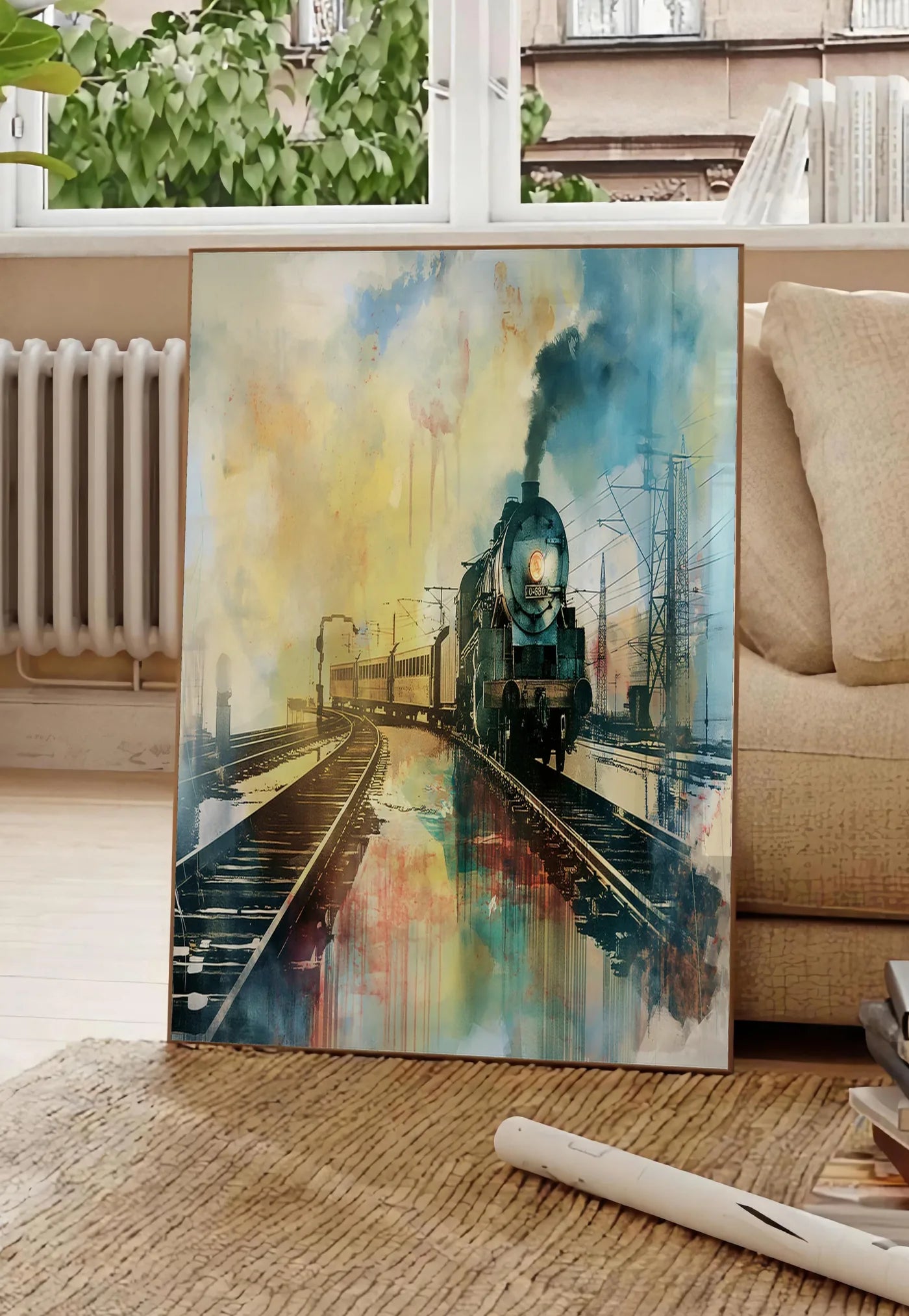 Poster affiche train vapeur vintage, posee au sol dans un salon parisien, devant une grande fenetre donnant sur un immeuble haussmannien, entre un ficus et un canape creme
