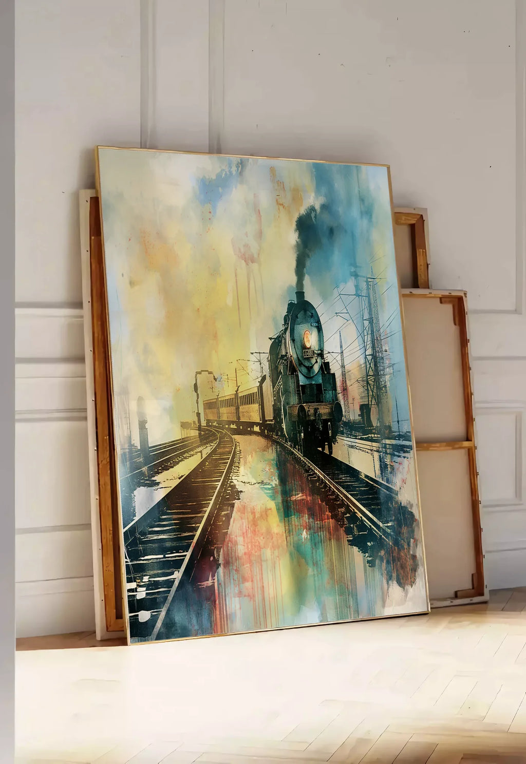 Tirage encadrable affiche train vapeur vintage, posee au sol dans une entree lumineuse, contre un mur a panneaux blancs, a cote de chassis en bois empiles