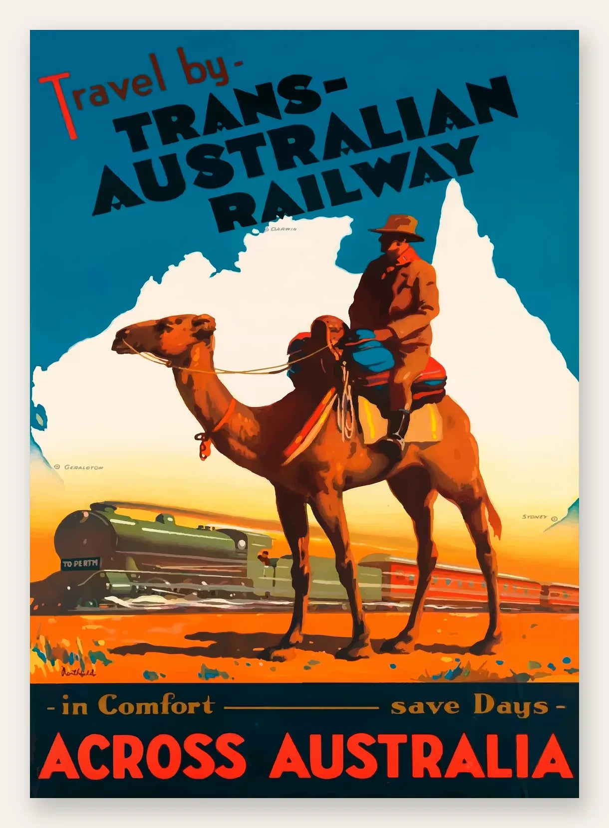 Affiche Australie vintage, cavalier sur un chameau et train a vapeur dans l'outback