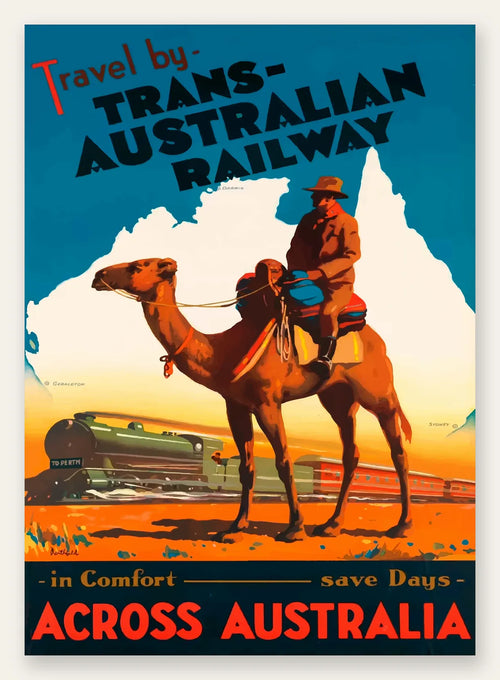 Affiche Australie vintage, cavalier sur un chameau et train a vapeur dans l'outback