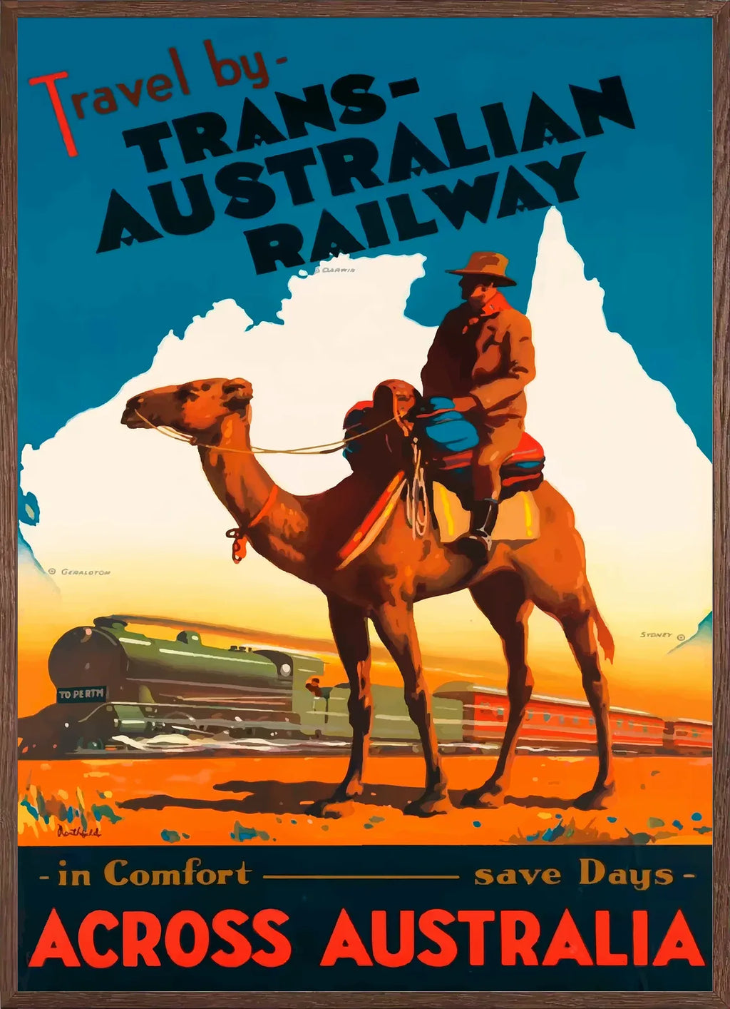 Cadre chene clair entourant l'affiche Australie chameau et train