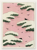 Affiche nuages verts et oiseaux sur ciel rose de Watanabe Seitei estampe japonaise