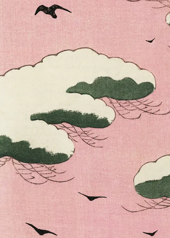 Gros plan sur un nuage vert et un oiseau du ciel rose de Watanabe Seitei