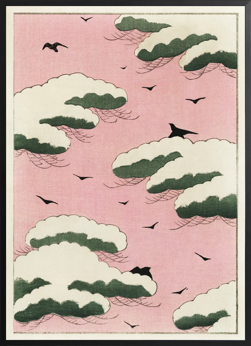 Encadrement noir mat autour des nuages Watanabe Seitei et oiseaux