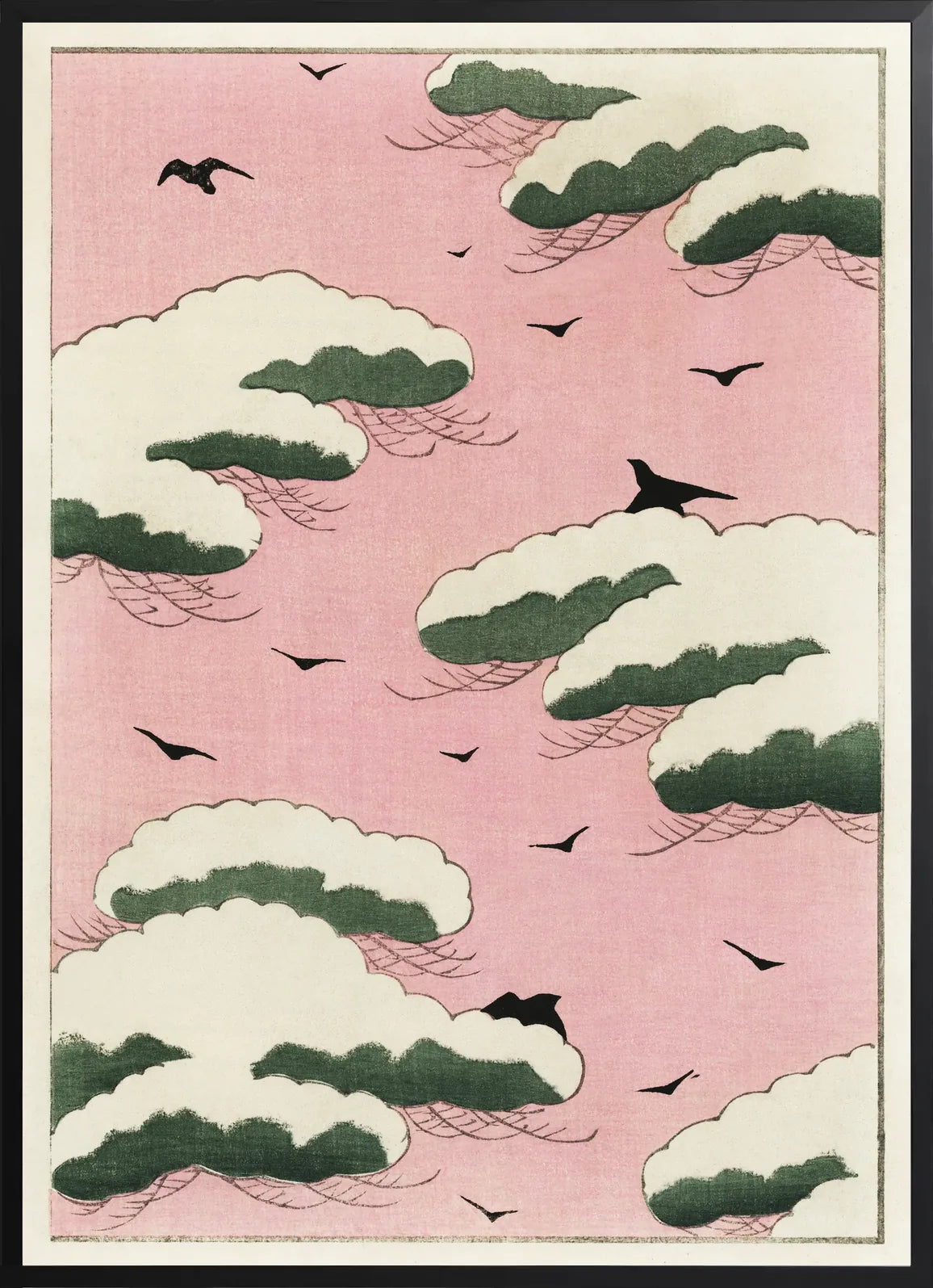 Encadrement noir mat autour des nuages Watanabe Seitei et oiseaux