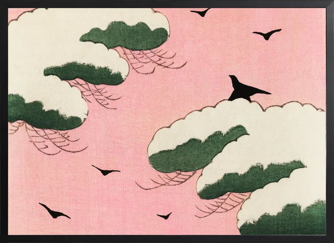 Encadrement noir mat autour de oiseaux et nuages de Seitei
