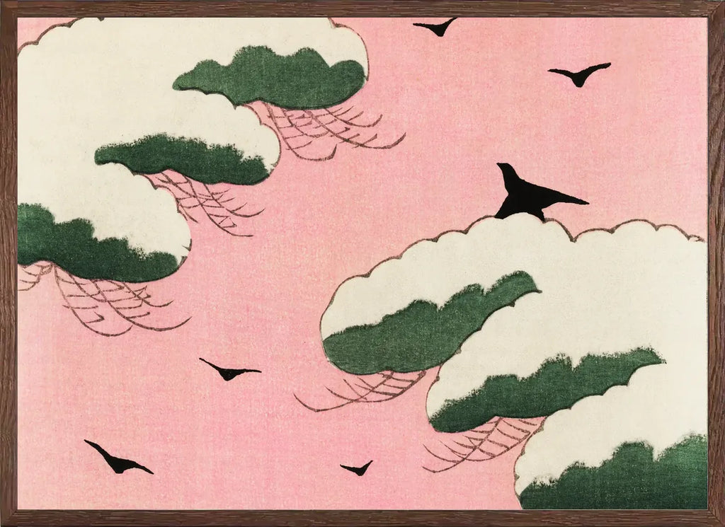 Cadre chene clair entourant l'affiche oiseaux et nuages de Seitei