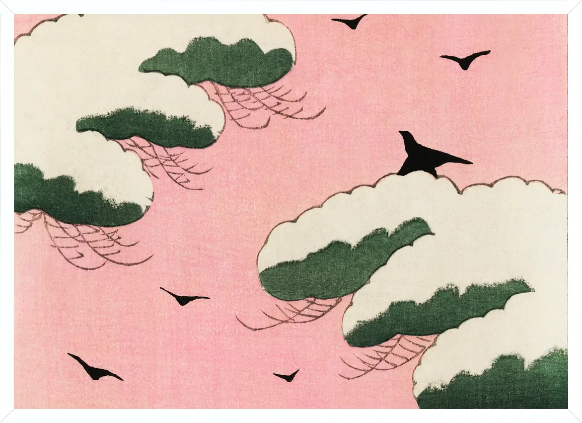 Cadre blanc epure presentant l'affiche oiseaux et nuages de Seitei