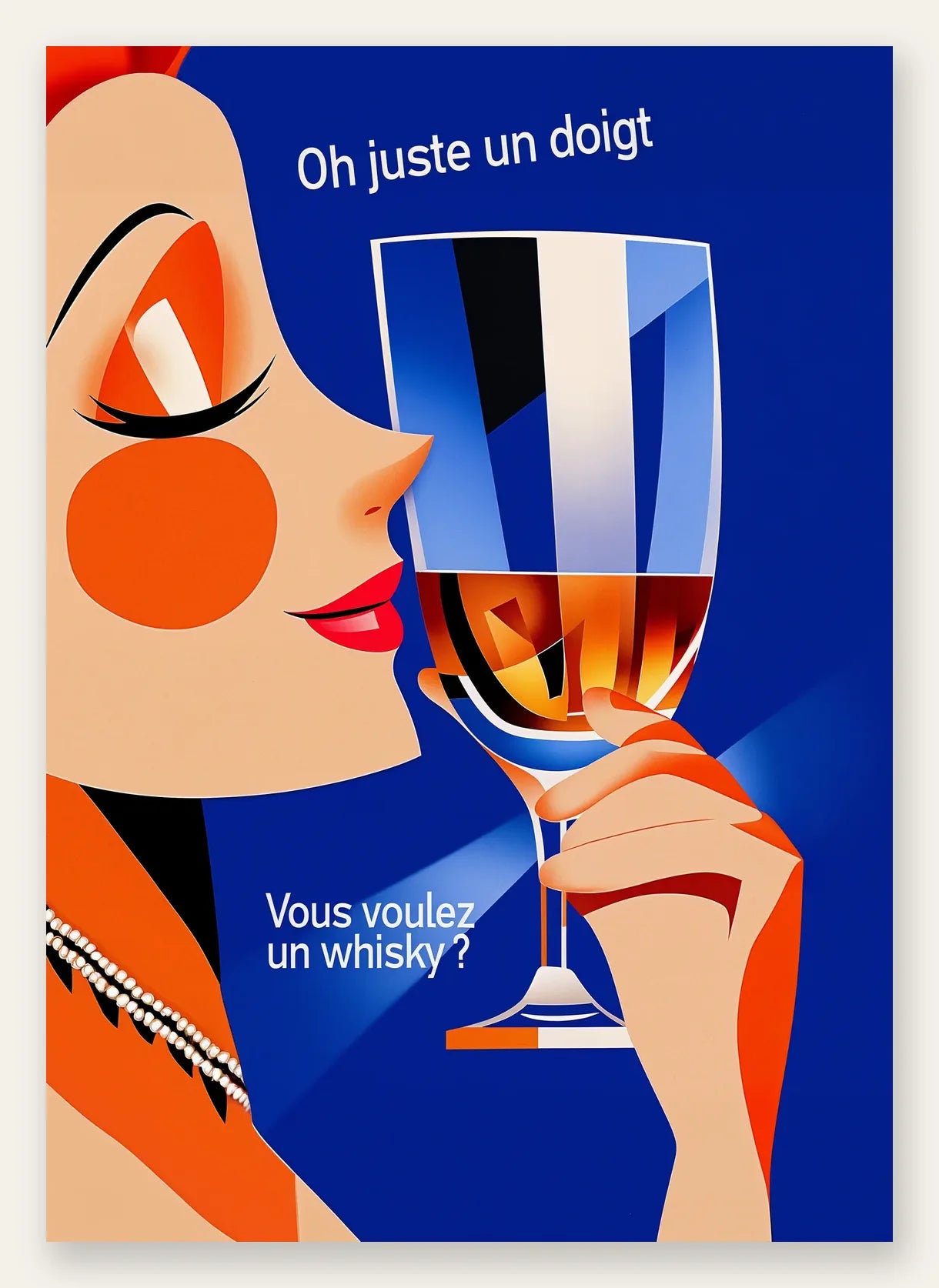 Affiche cocktail whisky art deco, femme elegante portant un verre sur fond bleu