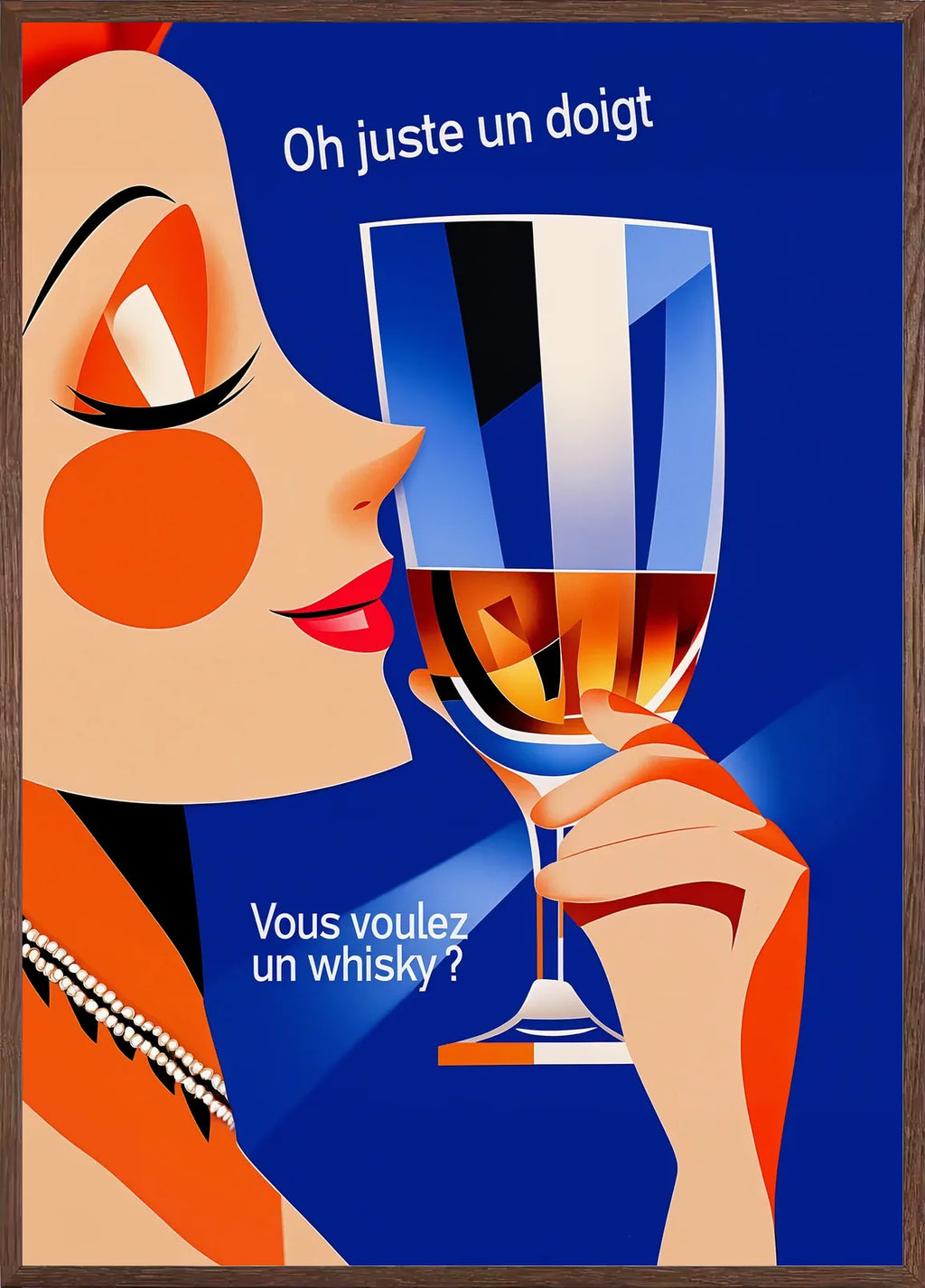 Cadre chene clair entourant l'affiche whisky art deco femme