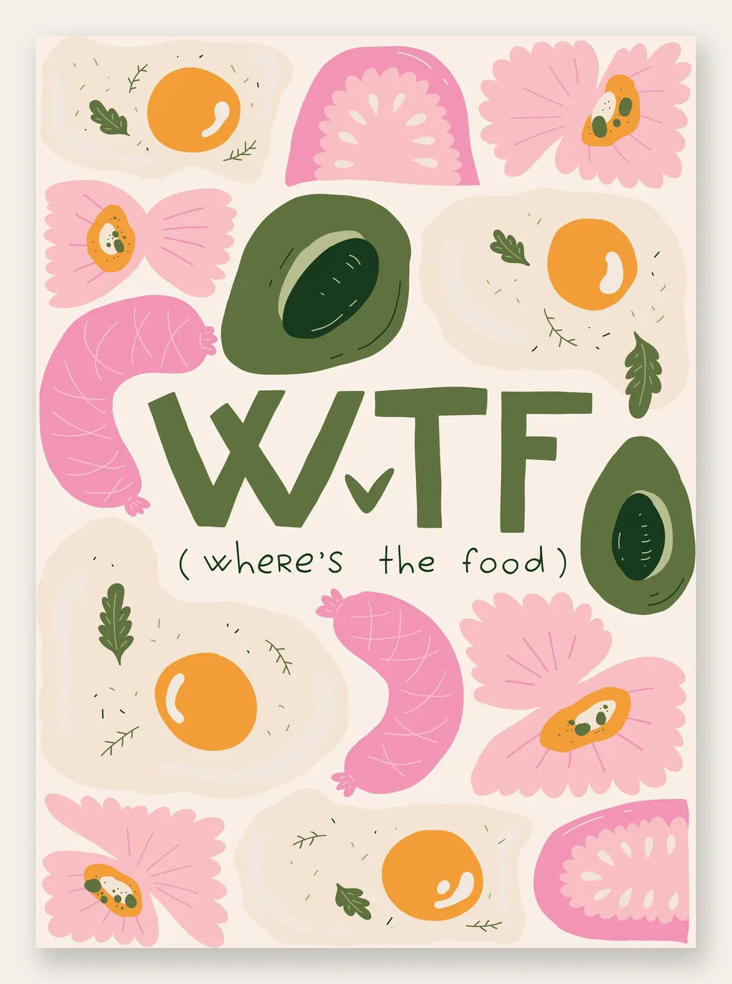 Affiche cuisine food WTF, oeufs au plat, avocats et tomates sur fond creme